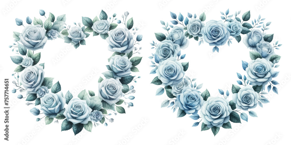 Blue rose heart-shaped wreath watercolor illustration material set