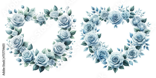 Blue rose heart-shaped wreath watercolor illustration material set