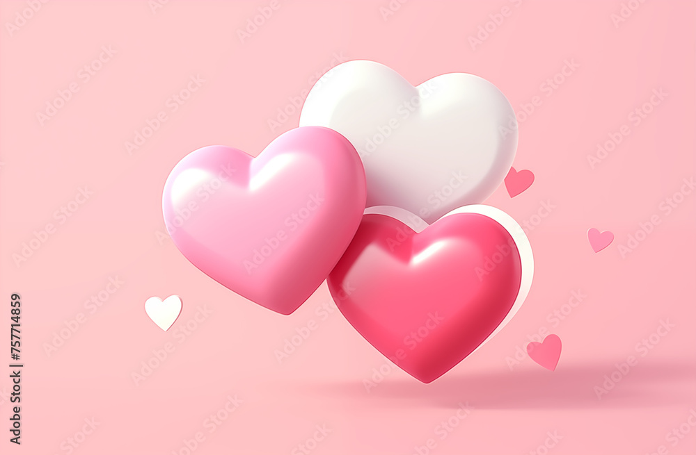 3D illustration of three pink heart-shaped floating on a pastel background. 