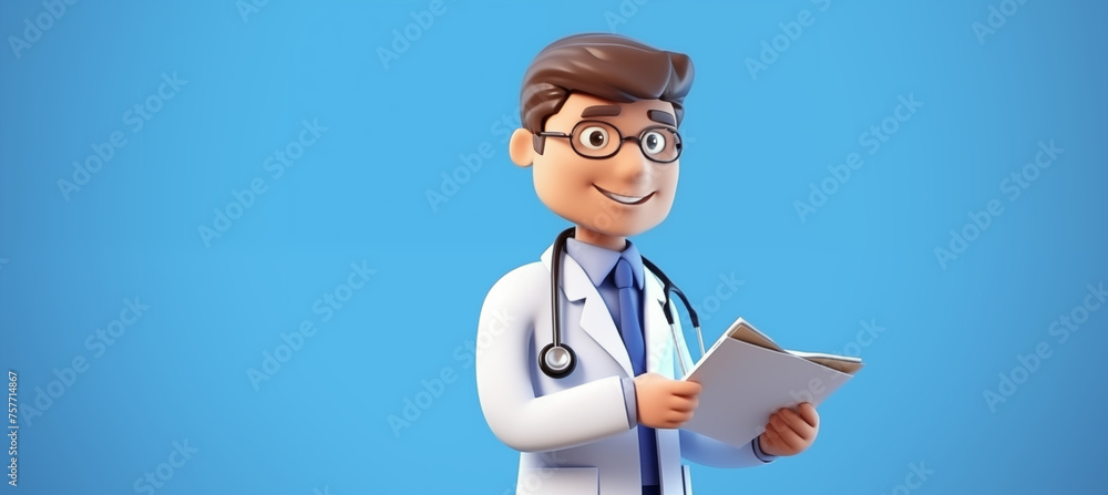 3D cartoon doctor wearing glasses, holding a medical card, on a light blue background