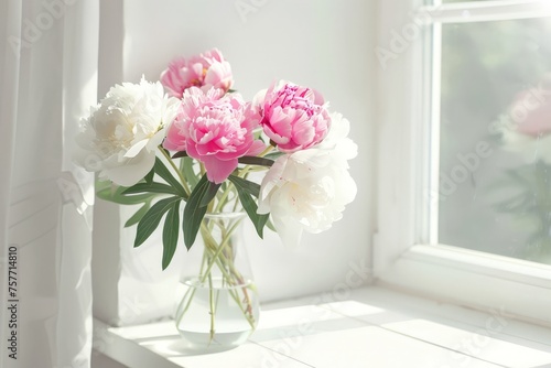 A vase filled with pink and white flowers sits next to a window, with natural light streaming through