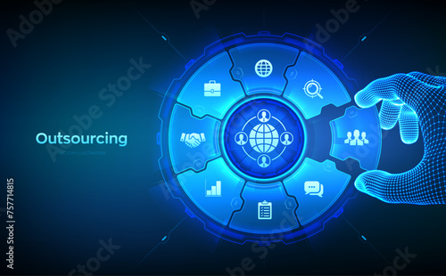 Outsourcing and HR. Social network and global recruitment. Global Recruitment Business concept. Wireframe hand places an element into a composition visualizing Outsourcing. Vector illustration.