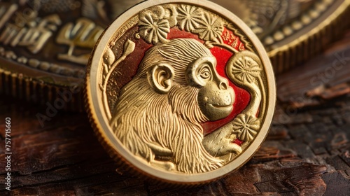 Monkey year zodiac gold coin, partially colored mix with red, one piece, front side, finely carved -