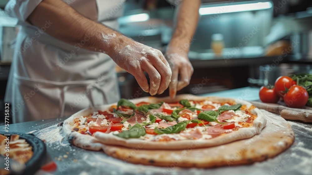 Pizza chef finishing the preparation of a tasty pizza in professional pizzeria restaurant kitchen 