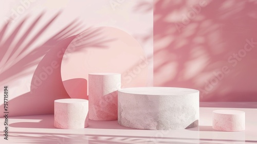 Podium for packaging presentation and cosmetic. Product scene with a light pink shadow motion.