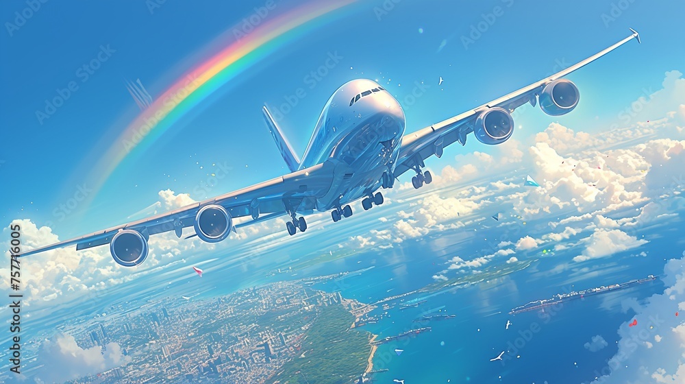飛んでいる旅客機、虹8 - obrazy, fototapety, plakaty 