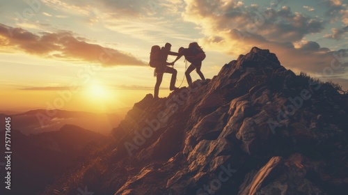 Silhouette of helping hand between two focused climber. Hikers on top of mountain. Men helps each other climb sheer stone rock. Couple alpinist extreme activity. Difficult challenge. Teamwork concept. © Ellionn