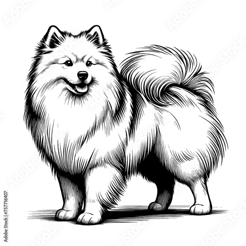American Eskimo dog standing. Hand Drawn Pen and Ink. Vector Isolated in White. Engraving vintage style illustration for print, tattoo, t-shirt	