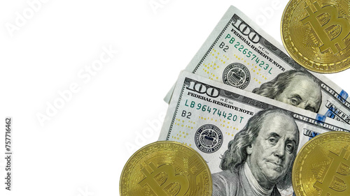 Bitcoin coins beside US 100 dollar bills, on a clear white background in PNG format with copy space, for financial websites, cryptocurrency articles, banking brochures, and educational materials photo