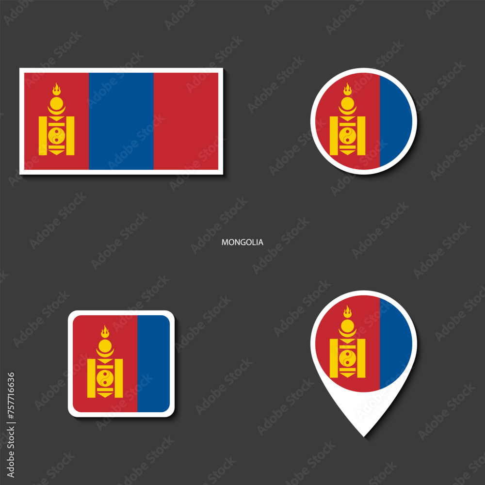 Mongolia flag icon in different shape (rectangle, circle, square and marker icon) isolated on dark grey background. Mongolia flag icon in different shape (rectangle, circle, square and marker icon) isolated on dark grey background.