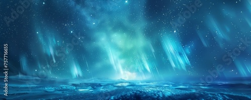 A painting showcasing the night sky filled with stars looming over a body of water  reflecting the celestial beauty above