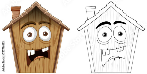 Two houses with human-like facial expressions.