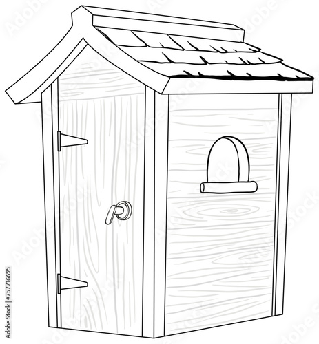 Black and white drawing of a classic outhouse