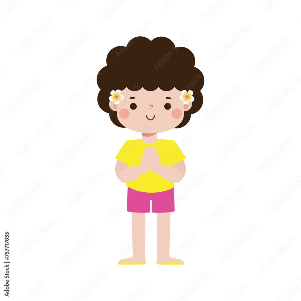 cute kid thai Traditional greeting sawasdee welcome to Thailand Traditional Happy thai new year Vector Illustration template Thailand travel concept on white background