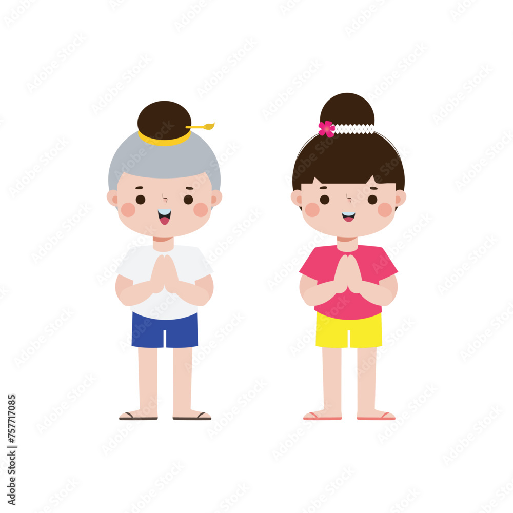 cute kids thai Traditional greeting sawasdee welcome to Thailand Traditional Happy thai new year Vector Illustration template Thailand travel concept on white background