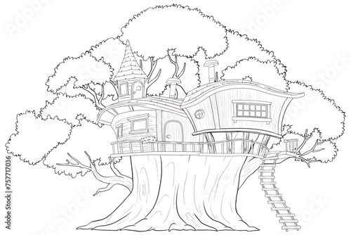 Whimsical treehouse nestled within a grand old tree.