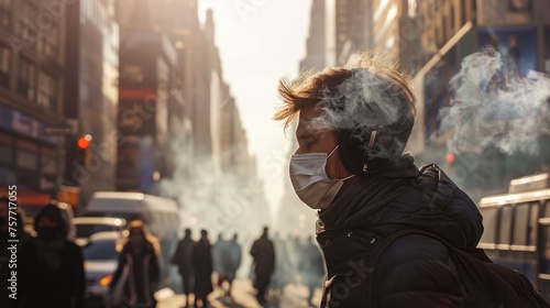big city covered in toxic smoke People wearing masks Depicts the problem of air pollution. Pay attention to light, color and composition. at the right time #757717055