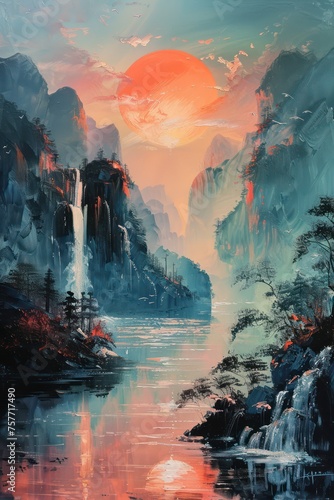 A stunning painting of mountains and rivers a forest, perfect for wall art and wallpaper