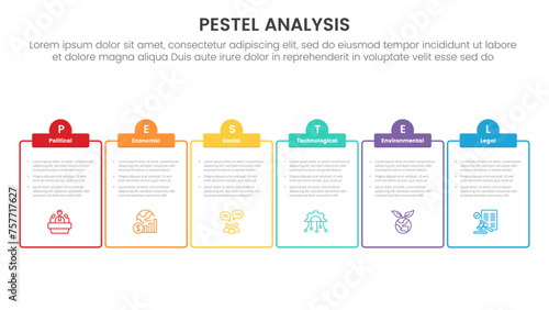 pestel business analysis tool framework infographic with outline table and half circle header 6 point stages concept for slide presentation