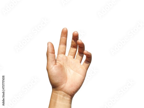 A man's hand raised his hand, gesturing like I was about to grab something. Or about to help isolated on white background.