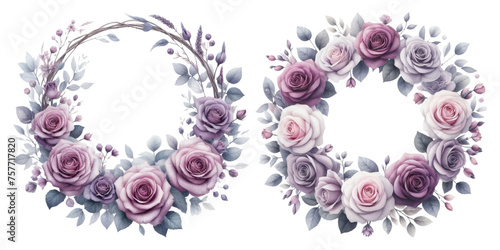Purple rose wreath watercolor illustration material set