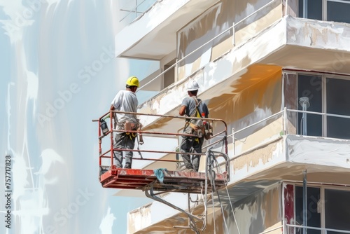 construction workers painting Using a painting technique that makes the color smooth. (Conveying expertise)