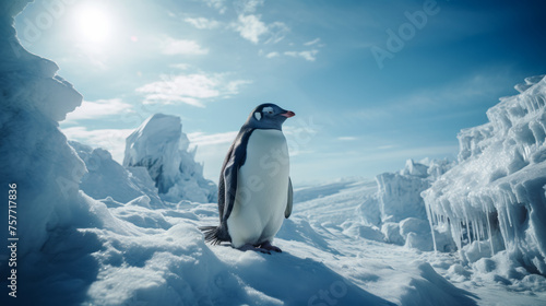 Imagine a debonair penguin in a tuxedo  complete with a bow tie and cufflinks. Amidst a backdrop of Antarctic icebergs  it exudes timeless elegance and formal grace. Mood  sophisticated and dignified