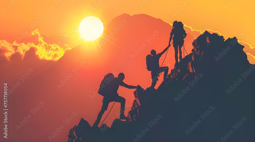 silhouettes of people on the mountain for achieving their goals 