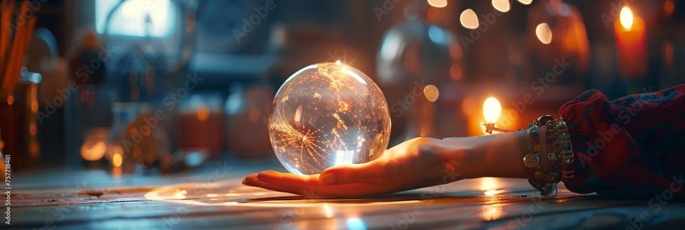 Hand of a fortune teller above a glowing mystical globe focusing on forecasting and divination in an enchanted room - obrazy, fototapety, plakaty 
