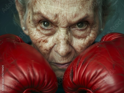 Senior womans face with boxing gloves expression of fierce determination soft focus