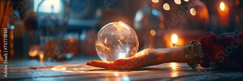 Hand of a fortune teller above a glowing mystical globe focusing on forecasting and divination in an enchanted room photo