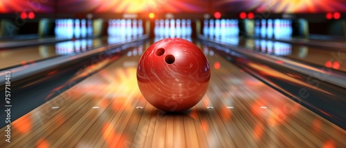 A bowling ball striking all pins for a strike, dynamic motion blur, neon-lit alley, excitement and entertainment, perfect aim photo