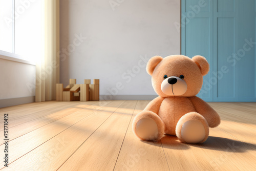 Lonely teddy bear sitting on a wooden floor in a sunlit room with a blue door and toys in the background.