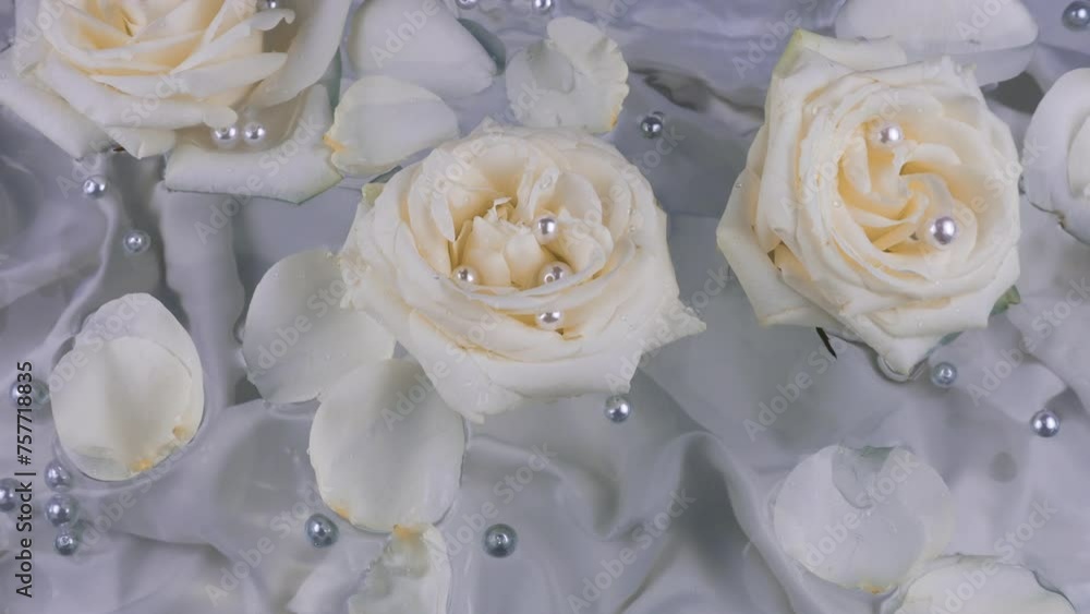 Flowers and petals of white roses with pearls float on the surface of the water on a gray silk background. Flowers and petals of white roses with pearls float on the surface of the water on a gray silk background.