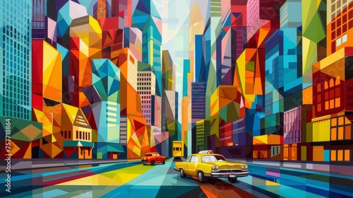 Futuristic City with Bold Geometric Patterns and Vibrant Colors in Daylight

