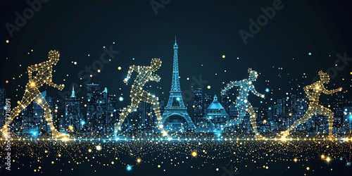 light bright saturated nona modern abstract illusstration background with free space for text Journey to the Paris 2024 Olympics with a futuristic spectacle. Picture a luminous cityscape merging iconi photo