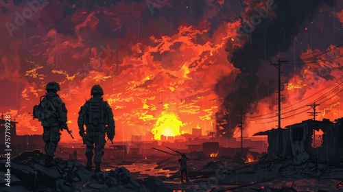 Two Soldiers Standing Firm Amidst the Fiery Glow of Destruction and Warfare 