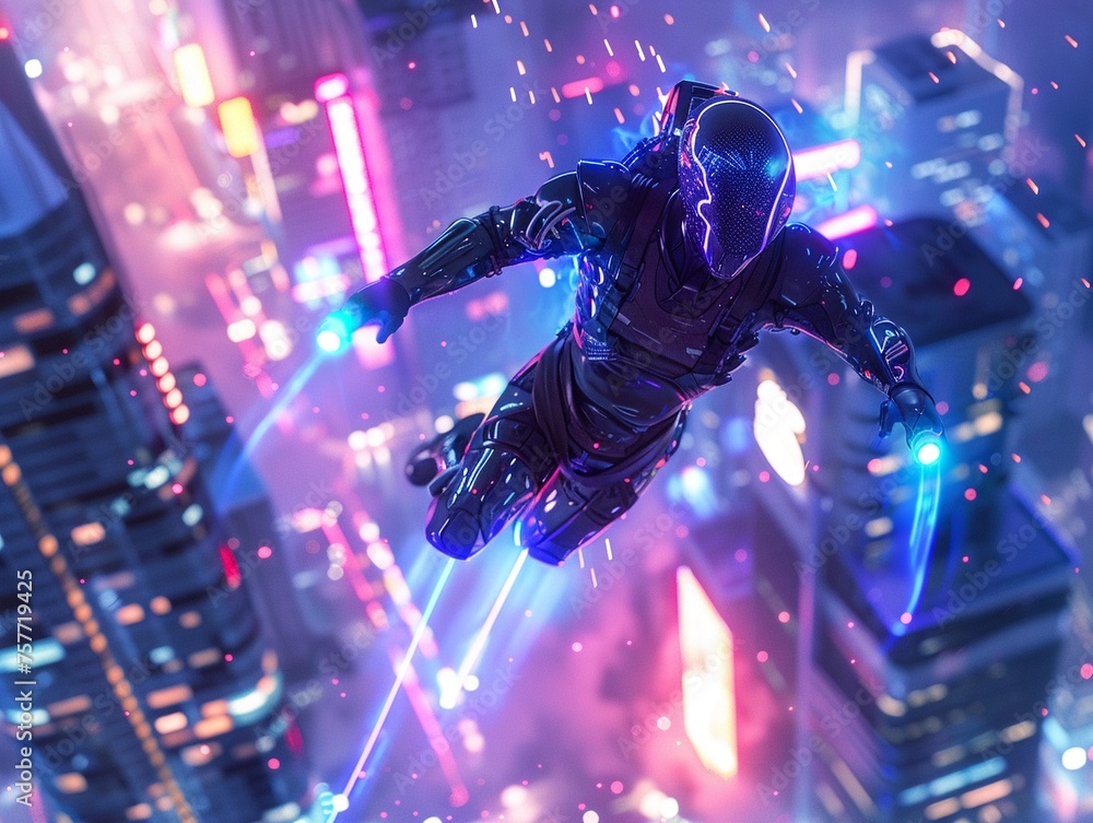 A jetpack man soars through a neon-lit cityscape at night leaving a trail of light behind him His sleek A jetpack man soars through a neon-lit cityscape at night leaving a trail of light behind him His sleek