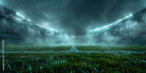 Nighttime soccer splendor a field bathed in light surrounded by darkness and mist