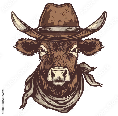 Cattle Head wearing wearing cowboy hat and bandana around neck