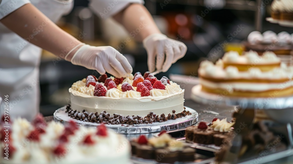 A skilled confectioner in a white apron is delicately placing ripe berries on a creamy cake, perfecting the dessert presentation. A skilled confectioner in a white apron is delicately placing ripe berries on a creamy cake, perfecting the dessert presentation.