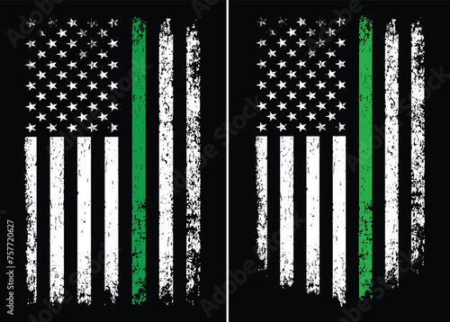 American Distressed Flag With Thin Green Line Vector Template. It is a symbol of supporting for federal law enforcement agents (border patrol, park rangers and conservation personnel)