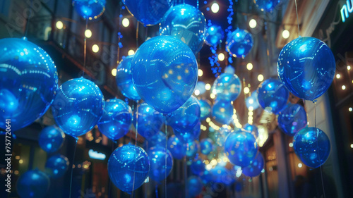 Electric blue balloons electrifying the holiday backdrop, infusing the scene with energy and excitement.