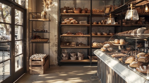 Warm and inviting rustic bakery interior, showcasing an array of freshly baked artisan breads on wooden shelves under soft lighting.
