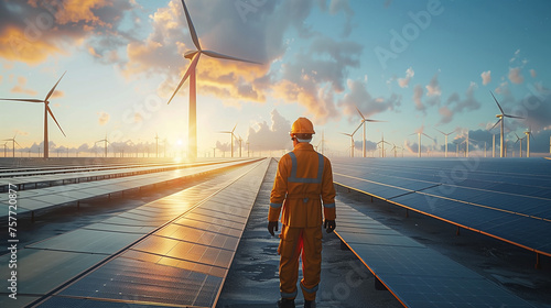 Construction worker navigating through a vast solar field, characterized by dormant solar panels © Aekawat