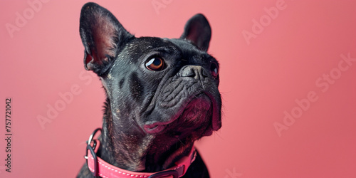 A happy dog wearing a spiked collar on the against pink background