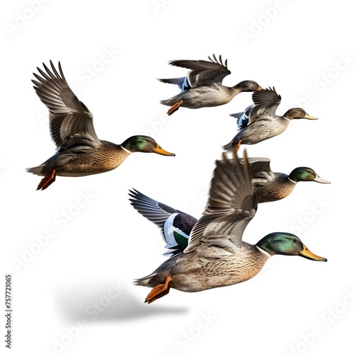 many ducks are flying on white background
