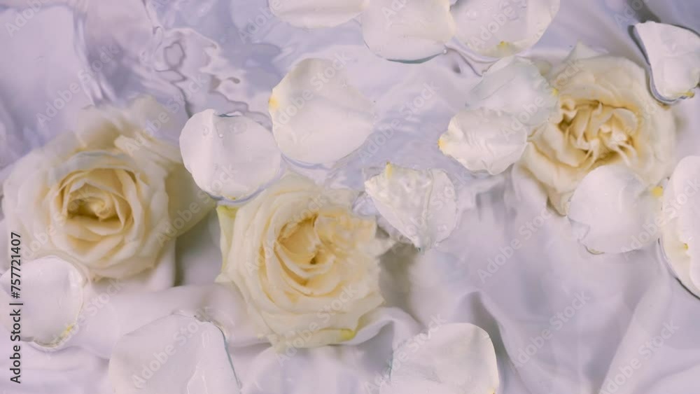 Water drops fall on the surface of the water with floating white rose petals against a background of rose flowers underwater. Composition in lilac tone. Water drops fall on the surface of the water with floating white rose petals against a background of rose flowers underwater. Composition in lilac tone.