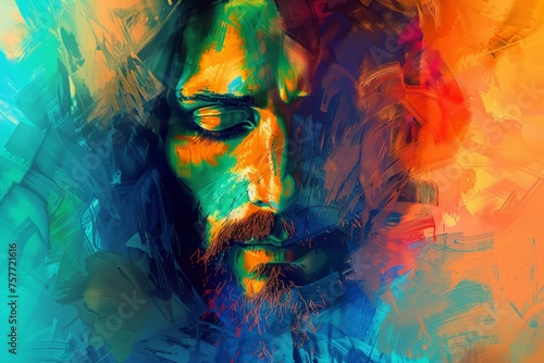 A painting of a man with a beard and glasses set against an abstract colorful background in a digital art style