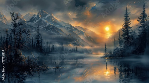 Amazing oil painting depicting a stunning mountain landscape.